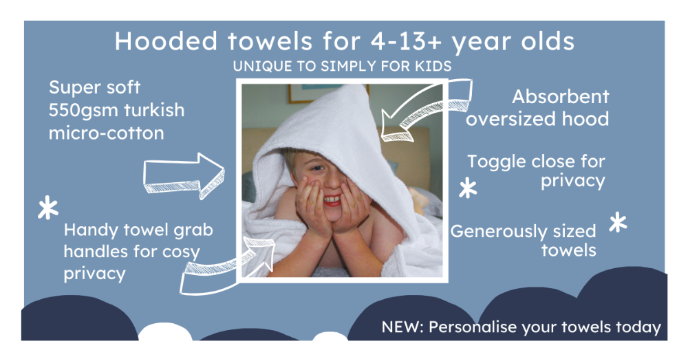 Simply for Kids hooded towels are super soft, generously sized, with a huge hood and toggle close, perfect bath towels for older children